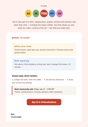 Community Welcome – The Makers Guild email design preview