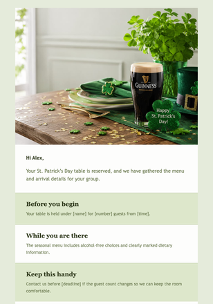 Dinner in Green, Your Table Is Held email design preview