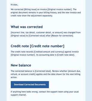 Corrected Invoice and Credit Note email design preview