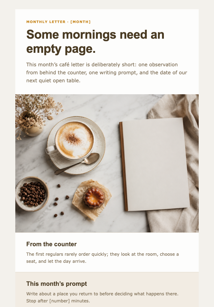 The Blank Page Café Letter email design preview