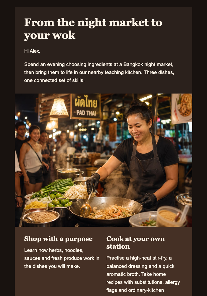 Bangkok Night-Market Cooking Class email design preview