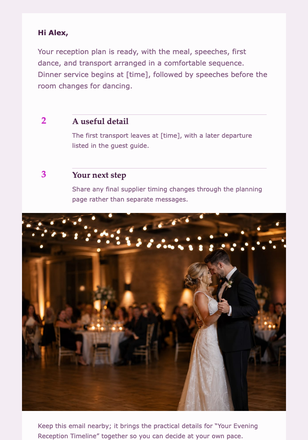 Your Evening Reception Timeline email design preview