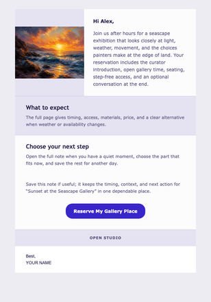 Sunset at the Seascape Gallery email design preview