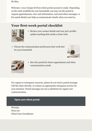 Pet Portal Welcome Note email design preview